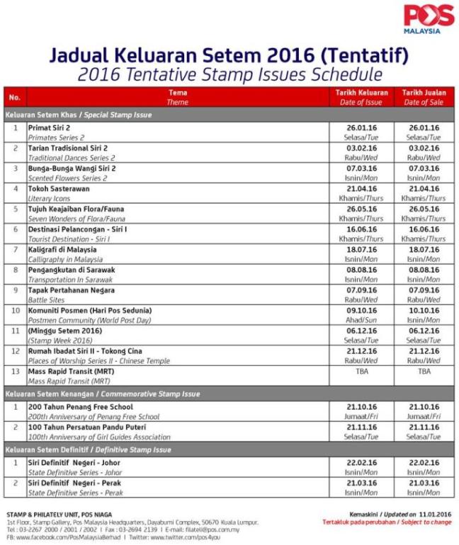 Malaysia Stamp Schedule 2016 revised 20160111