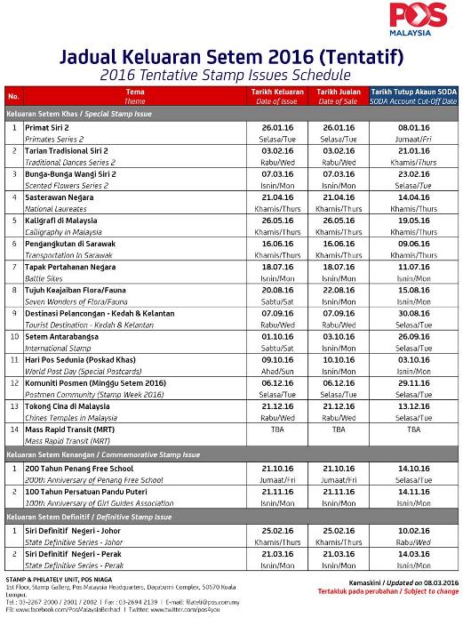 Malaysia Stamp Schedule 2016 revised 20160308