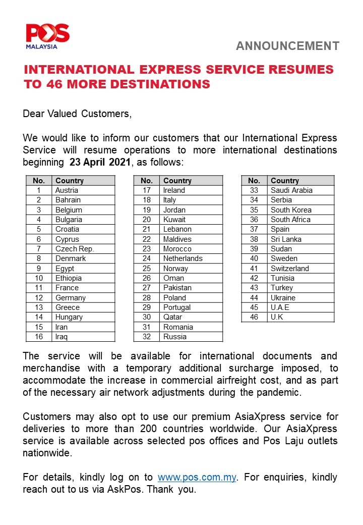 20210421 Additional International Express Service to 46 more destinations